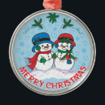 Snowman Ornament Aus Metall<br><div class="desc">Personalisieren Sie dieses einzigartige "Eine von einer Art" Weihnachtsschmuck! Er hat Herrn Dr. & Mrs. Frosty Der Schneemann macht einen zauberhaften Weihnachtsspaziergang durch ein "Schneewinterwunder"! Originelle Kunstmalerei des Künstlers Kerry Miller.</div>