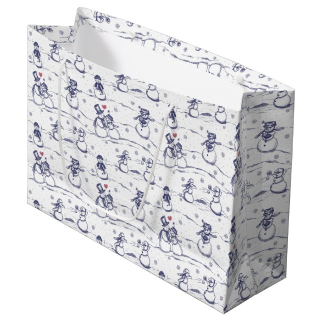 Snowman Parade Toile - blau Große Geschenktüte (Vorderseite Schrägansicht)