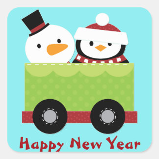 Snowman Penguin Train Car Weihnachten Quadratischer Aufkleber