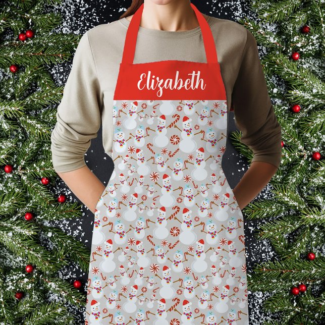 Snowman Peppermint Candy Cane Weihnachtsdesign Schürze (Snowman Christmas Peppermint Candy Cane Candies Apron, Customize, Personalize.)