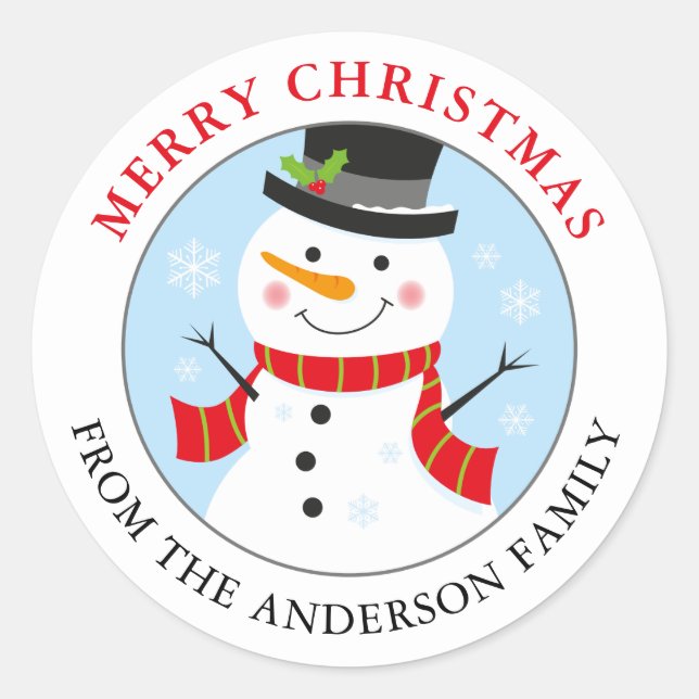 Snowman Personalisiert Holiday Sticker Round (Vorderseite)