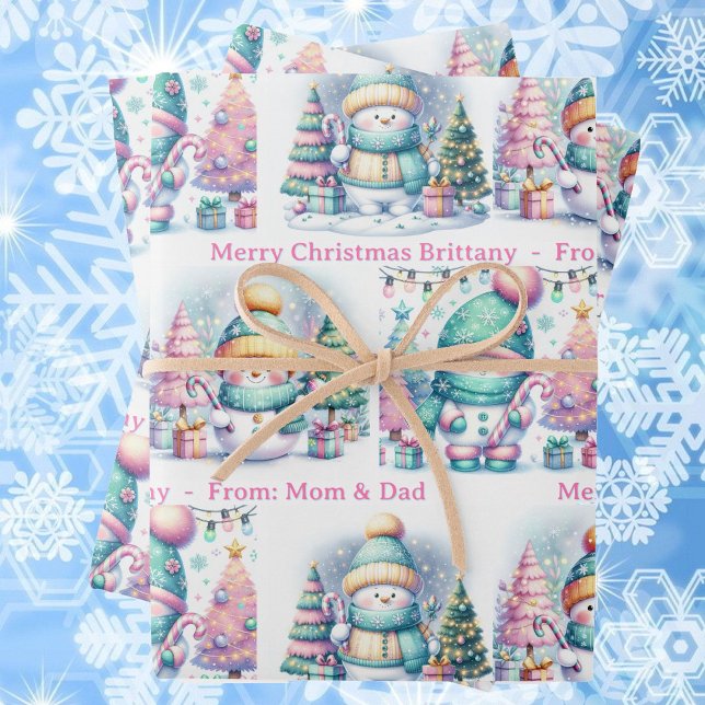 Snowman Personalize Pink Name Girl's Christmas 3 Geschenkpapier Set (Von Creator hochgeladen)
