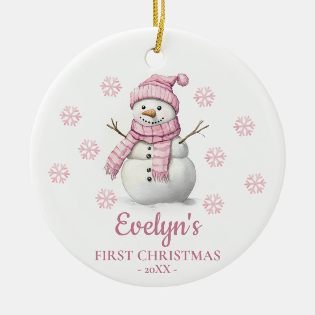 Snowman Personalized Girl's First Christmas Keramik Ornament (Vorne)