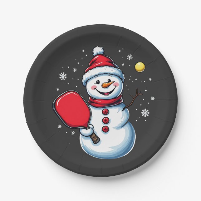 Snowman Pickleball Weihnachten Pappteller (Vorderseite)