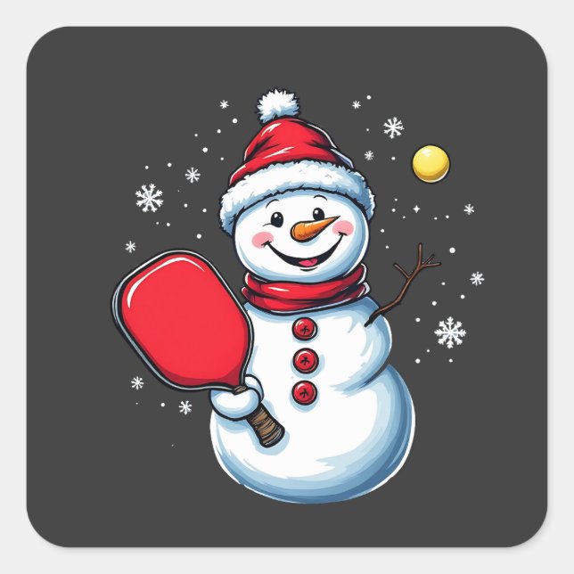 Snowman Pickleball Weihnachten Quadratischer Aufkleber (Vorderseite)