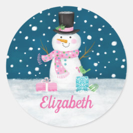 Snowman Pink Cute Personalized Christmas Holiday Runder Aufkleber