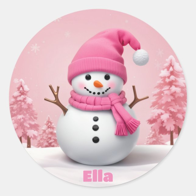 Snowman Pink Niedlicher Personalisierter Weihnacht Runder Aufkleber (Vorderseite)
