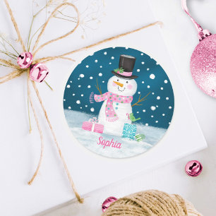 Snowman Pink Niedlicher Personalisierter Weihnacht Runder Aufkleber