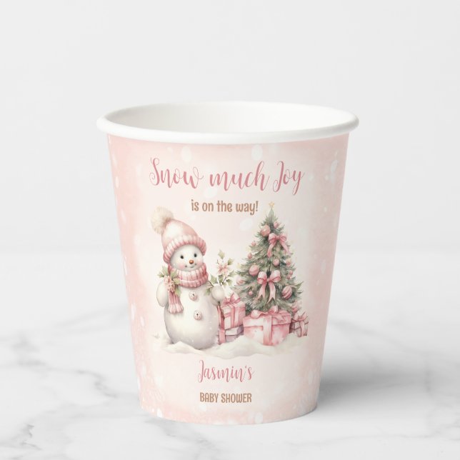 Snowman Pink Winter Christmas Girl Babydusche Pappbecher (Vorderseite)