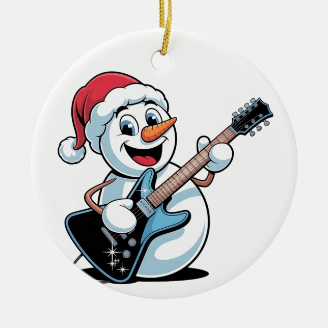 Snowman Playing Electric Guitar Weihnachten Keramik Ornament (Vorne)
