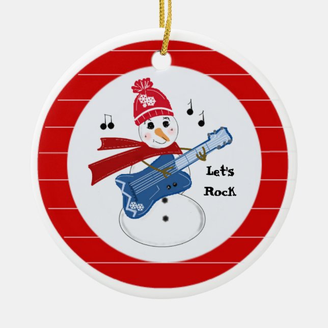 Snowman Playing Electric Rock Guitar Keramik Ornament (Vorne)