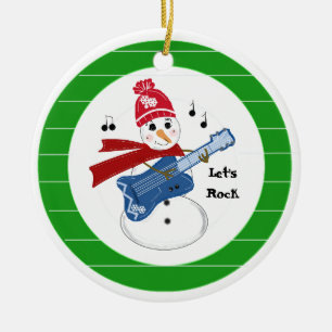 Snowman Playing Electric Rock Guitar Keramikornament