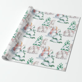 Snowman Rabbits Bäume Schnee Wasserfarbe Weihnacht Geschenkpapier