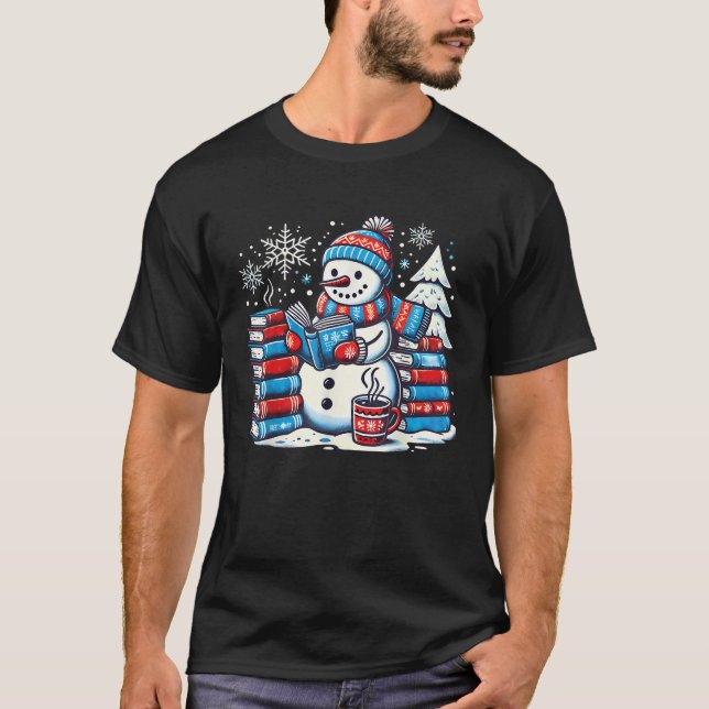 Snowman Reading Book Lovers Christmas Bookworm Lib T-Shirt (Vorderseite)