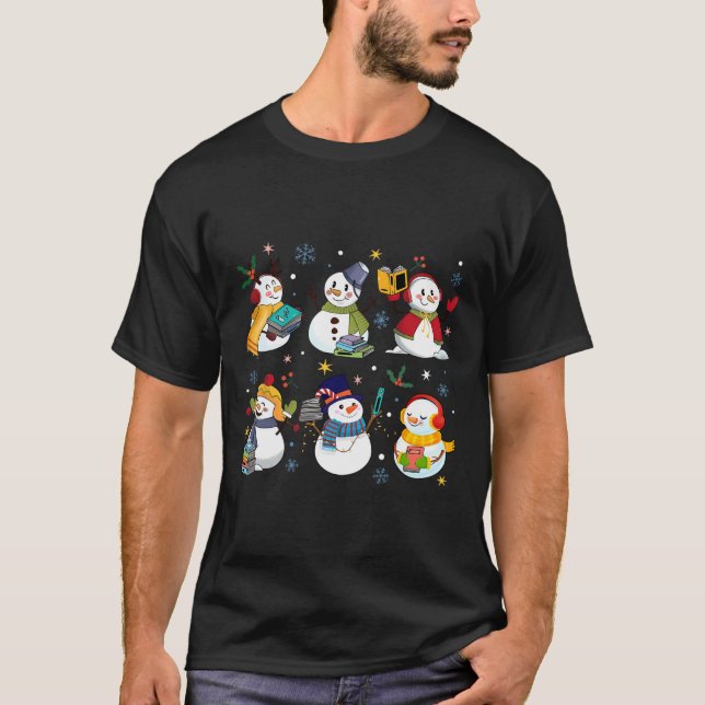 Snowman Reading Books Lehrer Weihnachts-Bibliothek T-Shirt (Vorderseite)