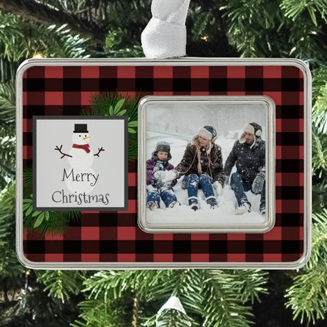 Snowman Red Buffalo Karierte Gerahmte Ornament Rahmen-Ornament Silber (Red Snowman Buffalo Plaid Framed Ornament)