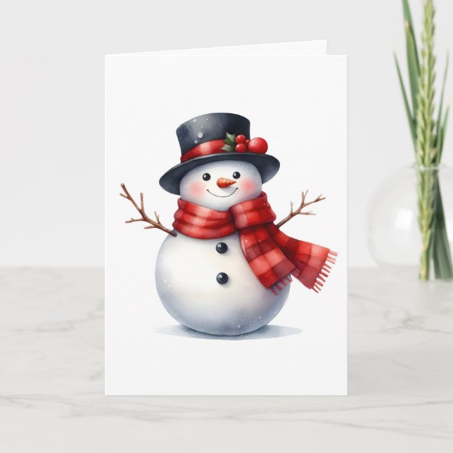 Snowman Red Kariert Scarf Black Hat Blank Holiday Karte (Vorderseite)
