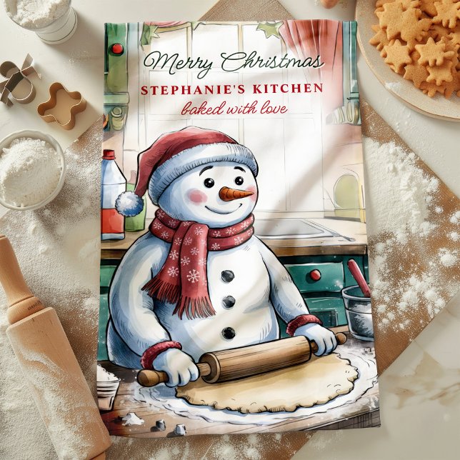 Snowman Rolling Dough Personalisiert Weihnachten Geschirrtuch (Von Creator hochgeladen)