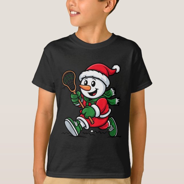 Snowman Santa Hat Playing Lacrosse Christmas Playe T-Shirt (Vorderseite)
