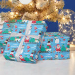 Snowman Santa Kids Personalisiert Blue Christmas  Geschenkpapier<br><div class="desc">Dieses farbenfrohe und lustige Muster Weihnachtsverpackungspapier ist mit dem eigenen Namen Ihres Kindes personalisiert. Es zeigt ein niedliches Urlaubsmuster mit zwei Schneemännern, verschiedenen Baumschmuckstücken, einer festlichen Glocke, einem Bonbons und natürlich dem Weihnachtsmann und einem Schlitten voller Spielzeug. Die hellen Bilder werden auf einem hellblauen Hintergrund platziert. Es gibt zwei Textfelder...</div>
