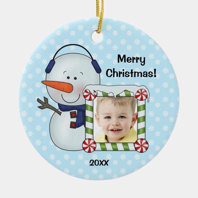 Snowman scherzt das personalisierte WeihnachtsFoto Keramik Ornament (Vorne)