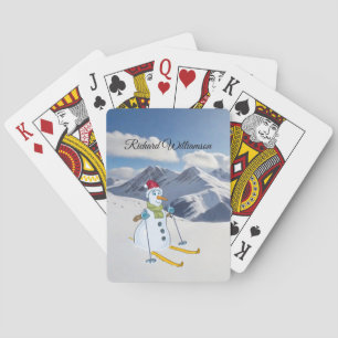 Snowman Skier auf schneebedeckten Bergen Persönlic Spielkarten
