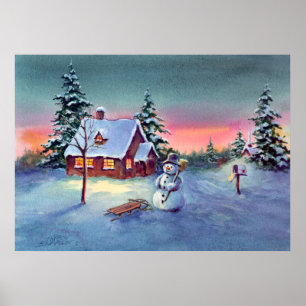 SNOWMAN & SLED VON SHARON SHARPE POSTER