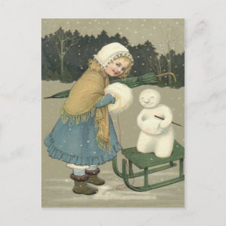 Snowman Sleigh Snow Woods Postkarte