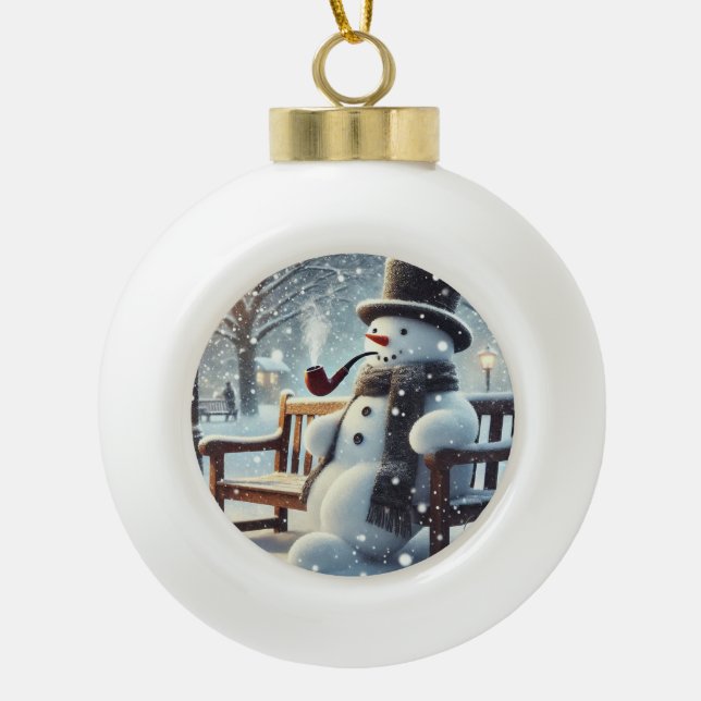 Snowman Smoking Keramik Kugel-Ornament (Vorderseite)