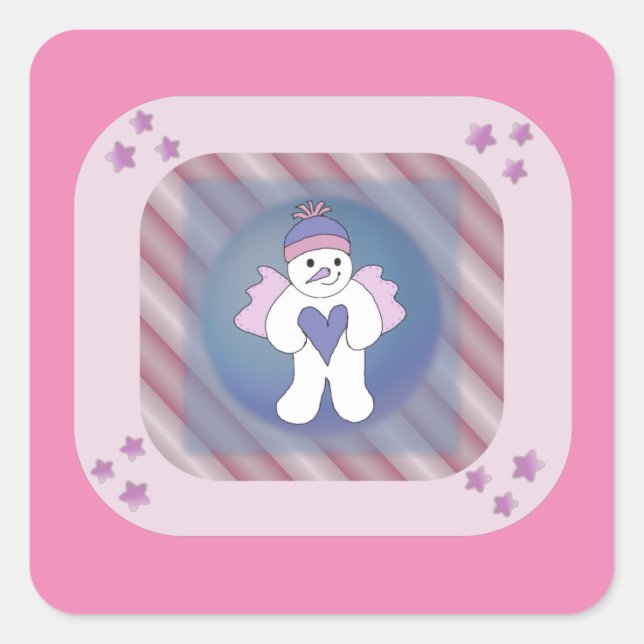Snowman Snow Angel Pink Square Sticker (Vorderseite)