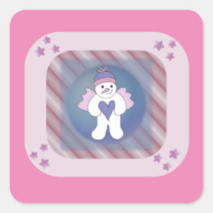 Snowman Snow Angel Pink Square Sticker