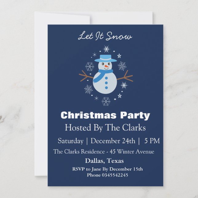 Snowman Snowflake Dark Blue Christmas Party Einladung (Vorderseite)