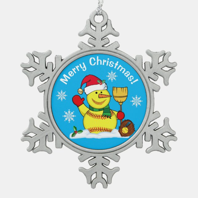 Snowman Snowflake Softball Weihnachtsschmuck Schneeflocken Zinn-Ornament (Vorderseite)