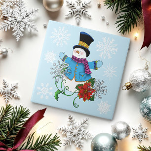 Snowman Snowflakes Poinsettia Fliese