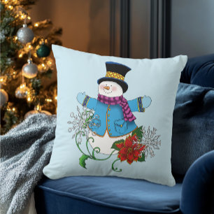 Snowman Snowflakes Poinsettia Kissen