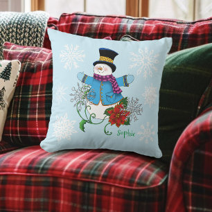 Snowman Snowflakes Poinsettia Kissen