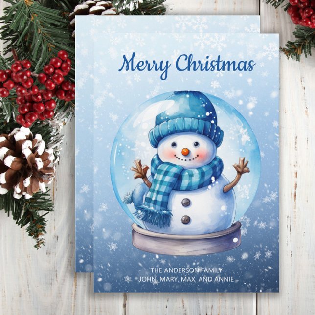 Snowman Snowglobe Blue White Frohe Weihnachten (Christmas greeting card with a cute blue and white Christmas snowman in a snow globe)
