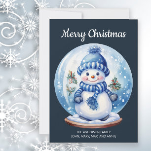 Snowman Snowglobe Navy Blue White Frohe Weihnachte Feiertagskarte