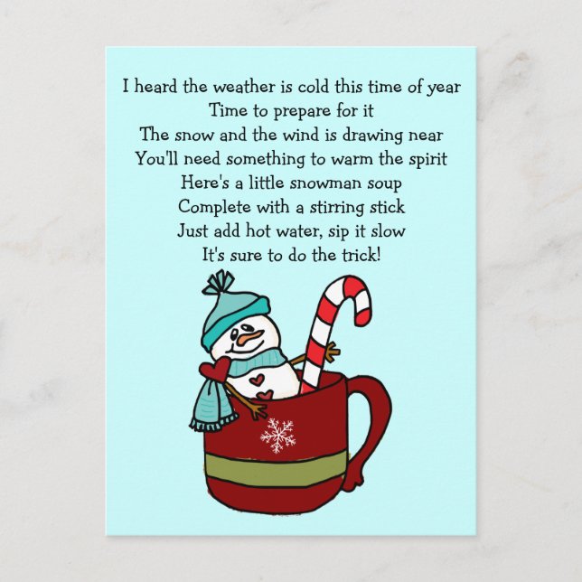 Snowman Soup Coffee Cup Tasse Candy Cane and Heart Postkarte (Vorderseite)