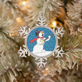Snowman spielt Banjo Schneeflocken Zinn-Ornament