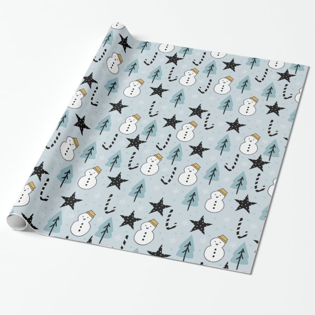 Snowman Stars und Candy Cane Geschenkpapier (Ungerollt)