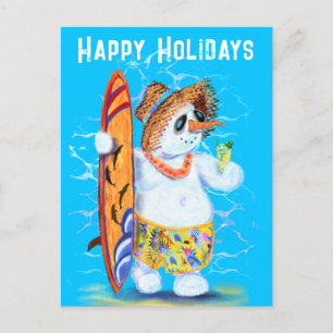 Snowman Surfer Funny Happy Holidays Postcard Postkarte