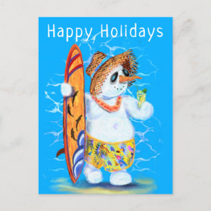 Snowman Surfer Happy Holidays Funny Postcard Postkarte
