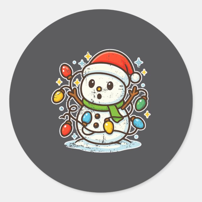 Snowman Tangled In Holiday Lights Premium Tri-blen Runder Aufkleber (Vorderseite)