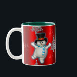 Snowman tanzt in Top Hat auf Red Christmas Zweifarbige Tasse<br><div class="desc">Eine sehr süße Weihnachtskaffee-Tasse mit einem tanzenden Schneemann,  der in einem glänzenden schwarzen Top-Hut gekleidet ist und einen langen,  blau-weiß gestreiften Schal trägt. Er tanzt im Schnee herum,  mit silbernen Weihnachtsbäumen herum. Im Hintergrund ist ein sehr festlicher,  farbenfroher,  leuchtend roter Hintergrund zu sehen.</div>