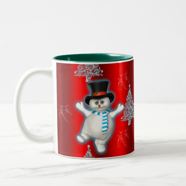 Snowman tanzt in Top Hat auf Red Christmas Zweifarbige Tasse (Links)