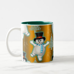 Snowman tanzt in Top Hat on Gold Christmas Zweifarbige Tasse