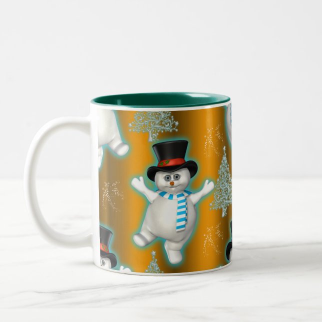 Snowman tanzt in Top Hat on Gold Christmas Zweifarbige Tasse (Links)
