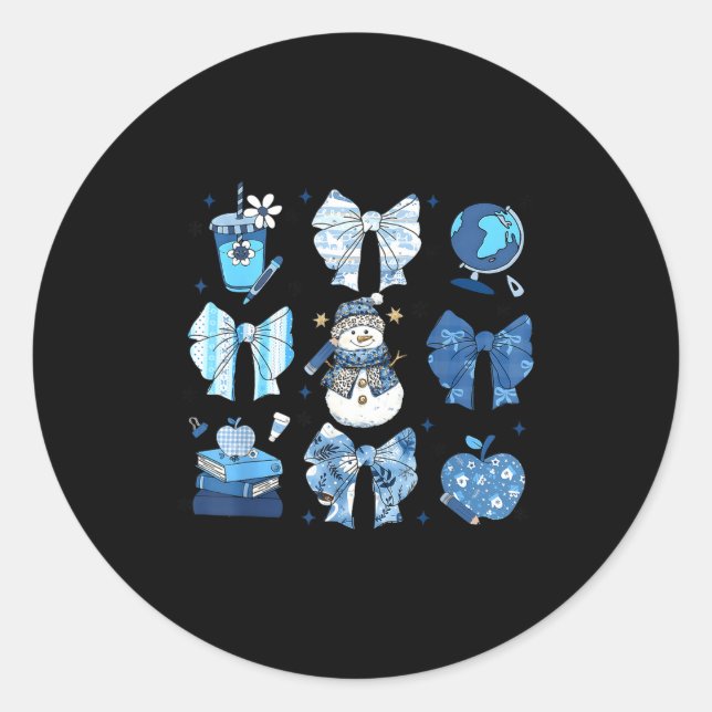 Snowman Teacher Winter Bows Clroom Cute Blue Aesth Runder Aufkleber (Vorderseite)