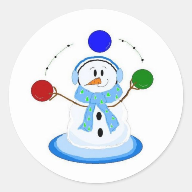 Snowman Tossing Balls Runder Aufkleber (Vorderseite)